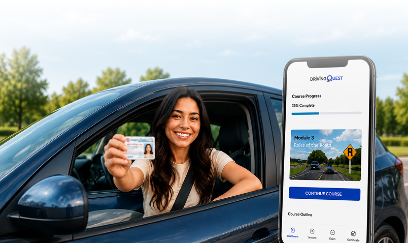 A Texas driver holding up her new driver license, beside the DrivingQuest course on a phone